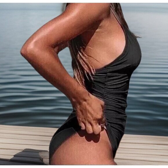 Cupshe Women 1 Piece Swimsuit Medium Black V-Neckline Ruched Details Highcut Leg - Picture 2 of 10